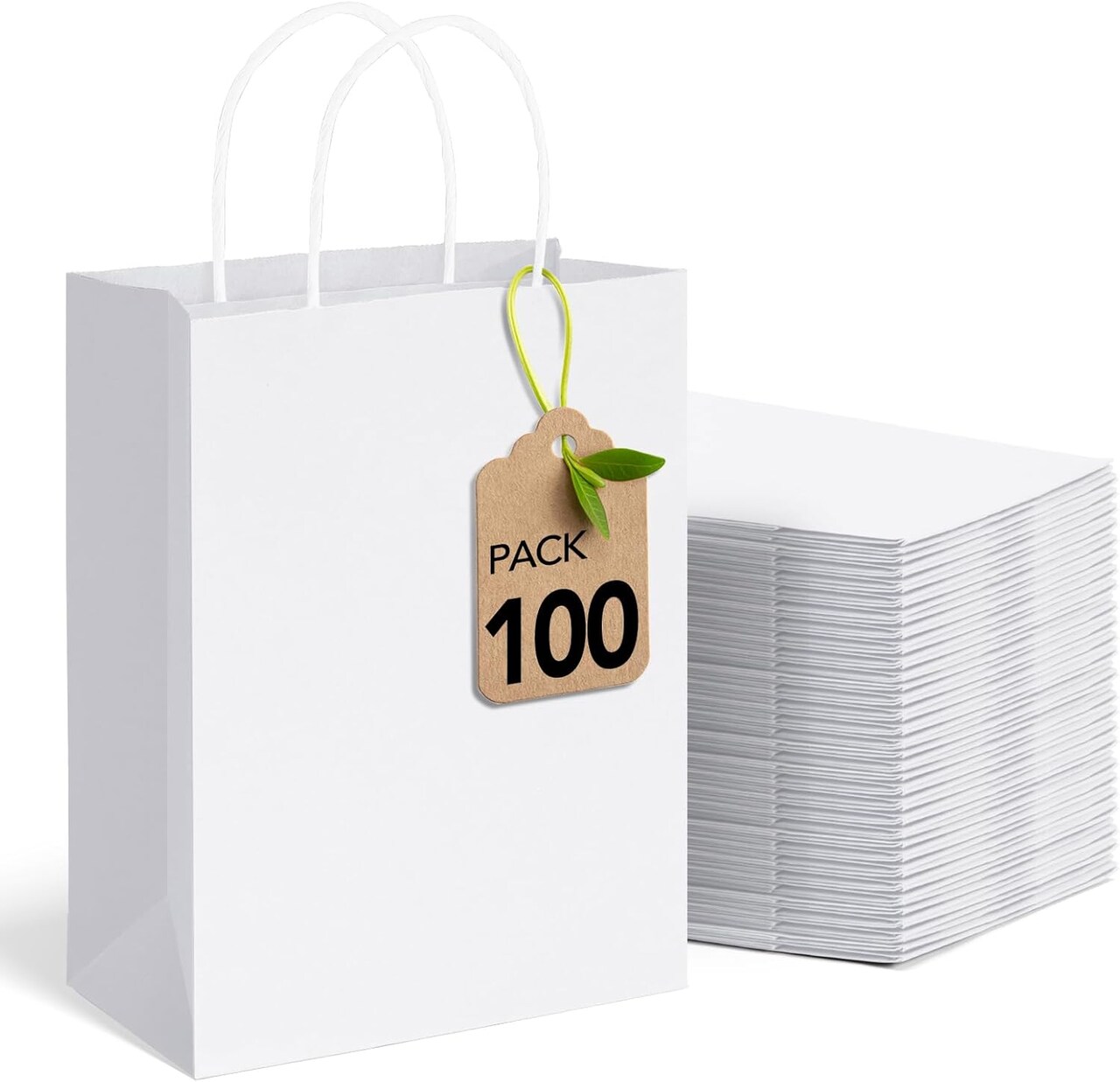 100 Pack White Gift Bags 8x4.25x10.5 Inch Kraft Paper Bags with Handles Bulk Craft Bag Medium Size for Wending Birthday Party Favor Retail Merchandise Bag